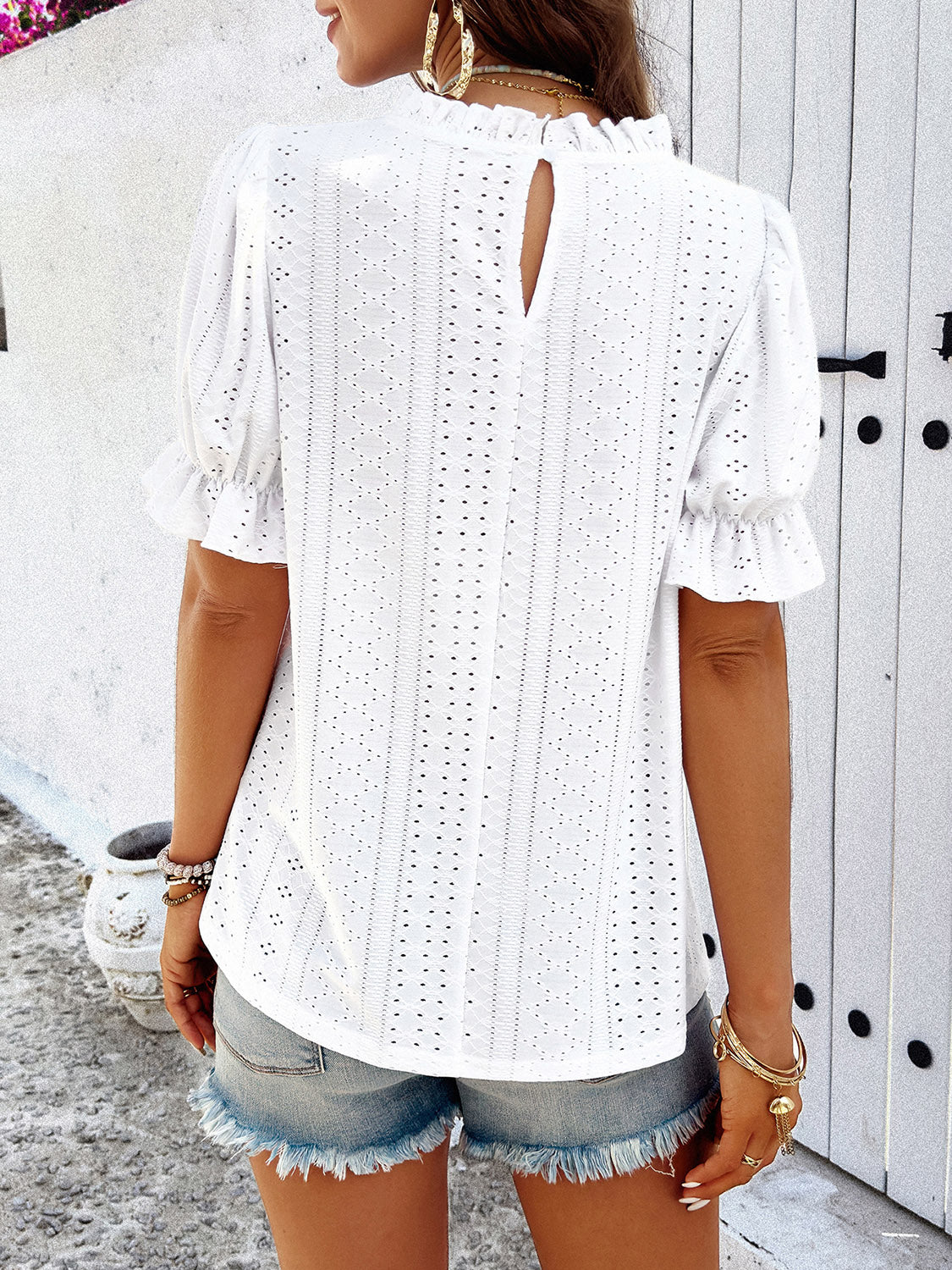 Eyelet Flounce Sleeve Blouse