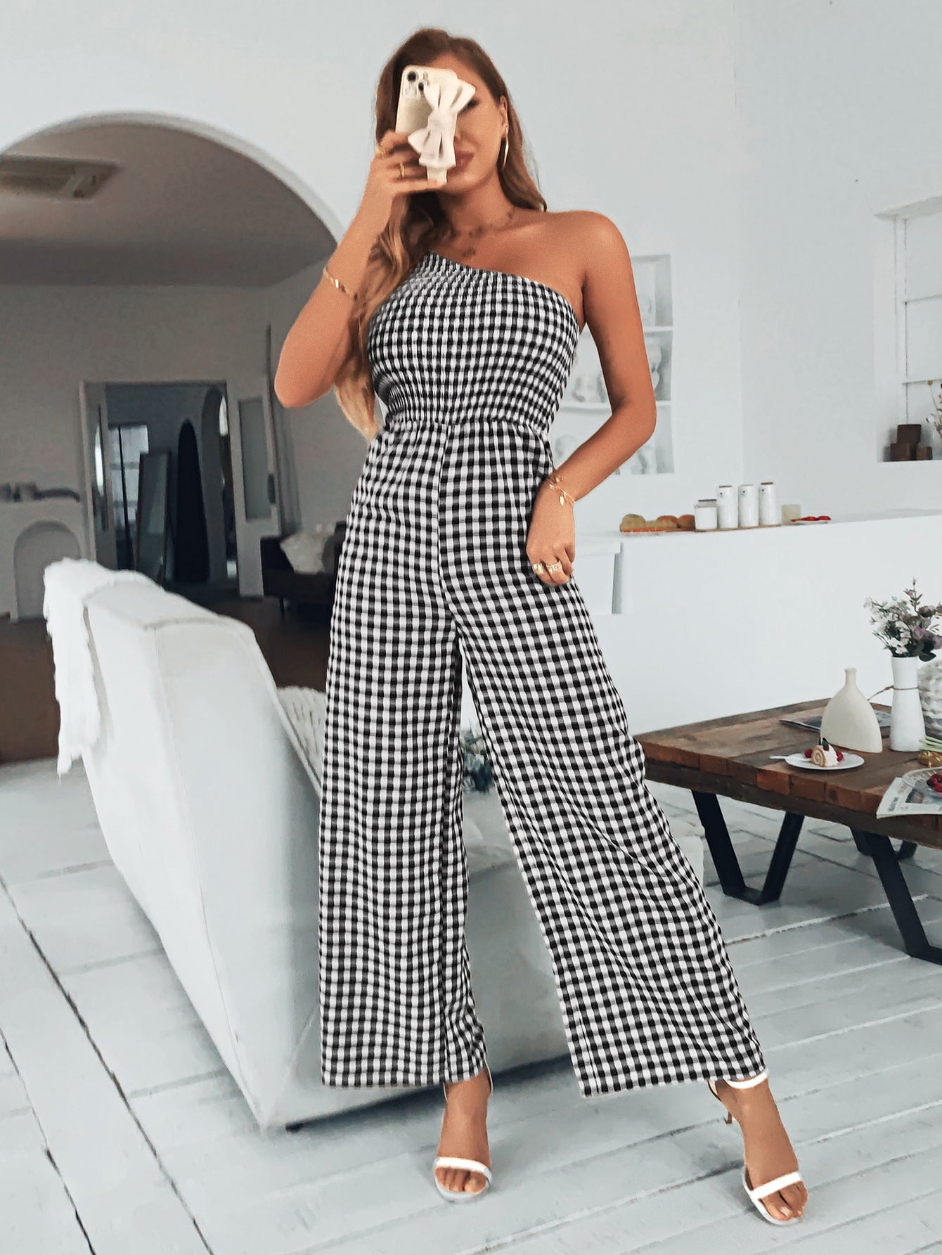 Plaid One-Shoulder Jumpsuit